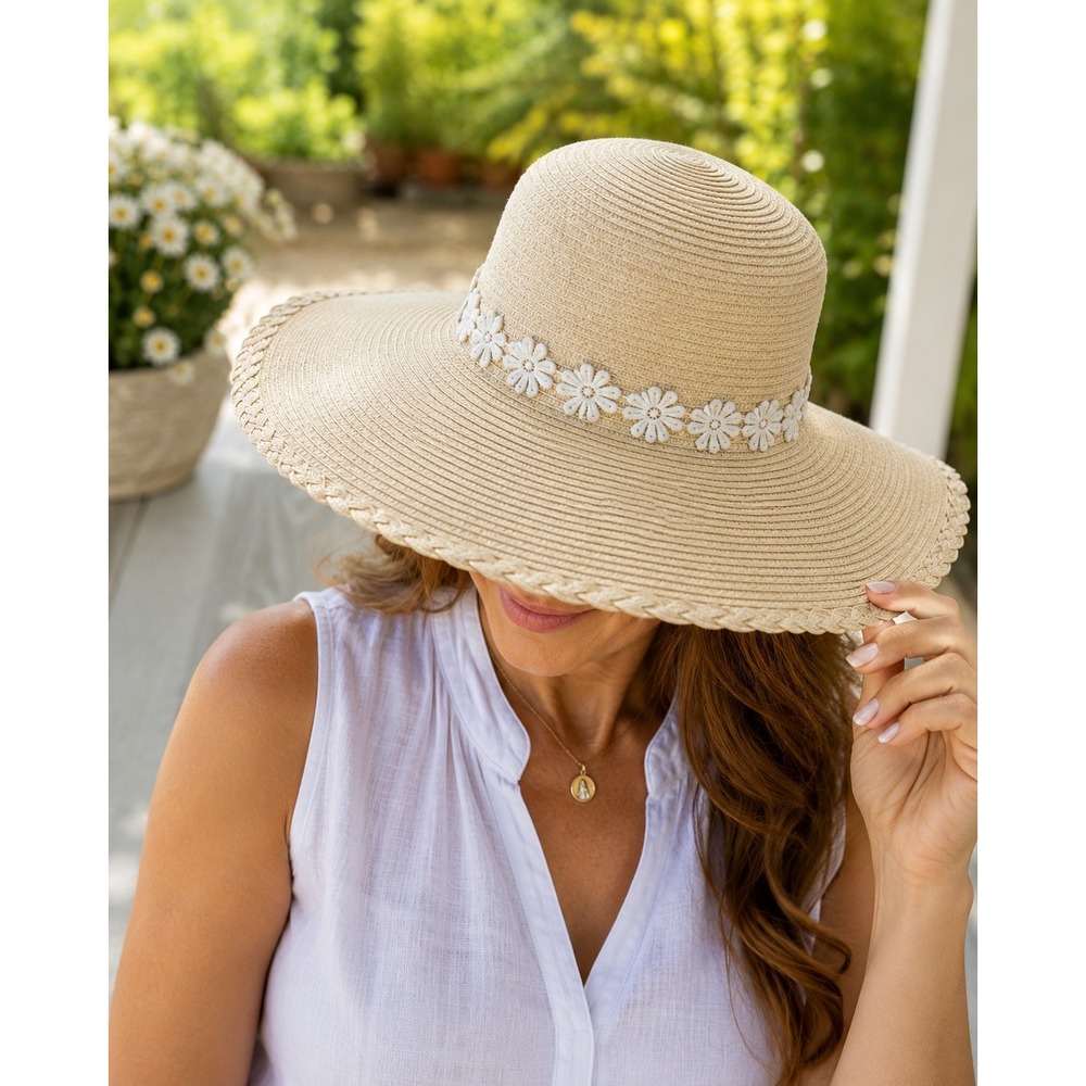 Nicole Marciano Sun Hat Womens One Size Beige Straw Wide Brim Daisy Floral